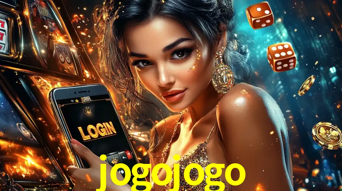 Mulher glamourosa segurando um celular com a tela de login do cassino jogojogo, rodeada por dados e moedas douradas, pronta para começar a diversão.