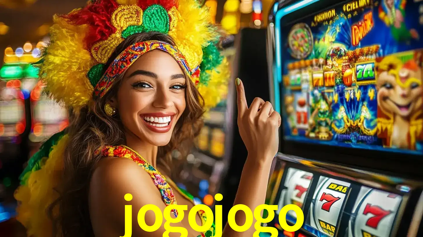 Mulher animada com um cocar de carnaval apontando para uma máquina de caça-níqueis, mostrando a emoção de ganhar um grande prêmio nos jogos do jogojogo.