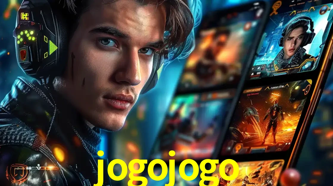 Jovem jogador com fones de ouvido olhando para a câmera, com um aplicativo de jogos e e-sports para celular ao fundo, pronto para a competição e apostas no jogojogo.