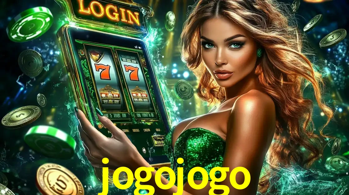 Mulher com tema verde apresentando o aplicativo do cassino jogojogo com um jogo de slot de 777, cercada por fichas de cassino e uma aura de sorte.