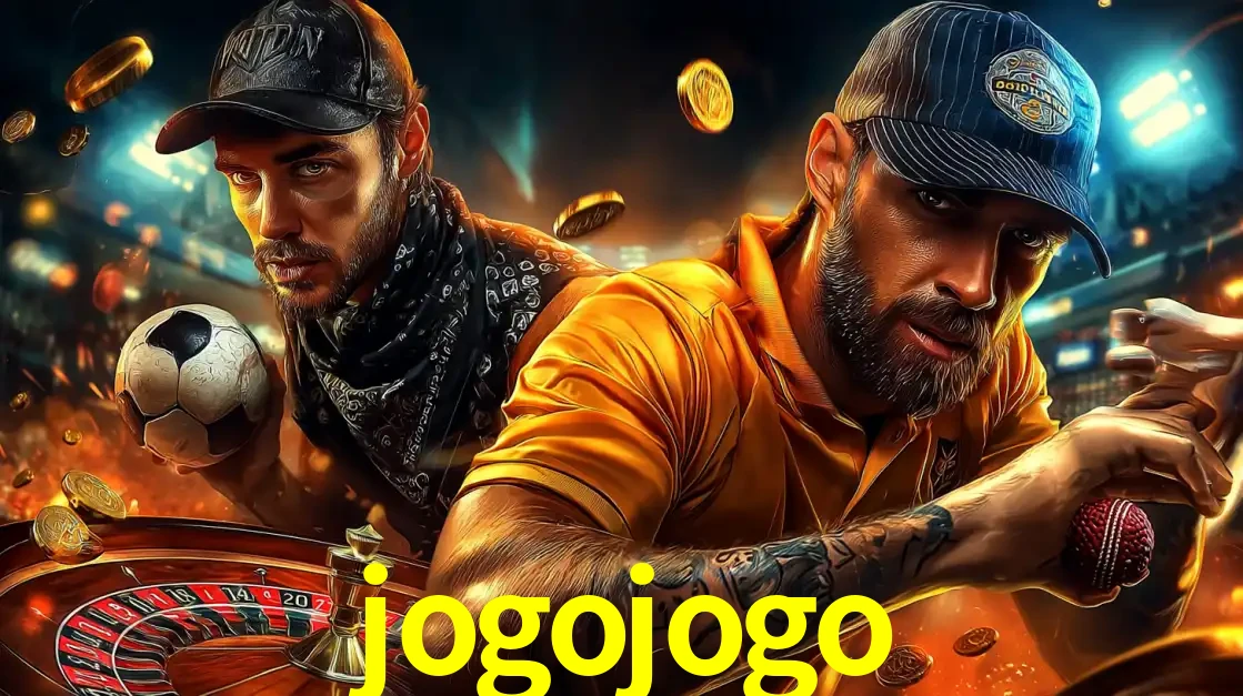 Montagem de apostas esportivas e cassino no jogojogo, com um homem segurando uma bola de futebol e outro uma de beisebol sobre uma roleta e moedas voadoras.