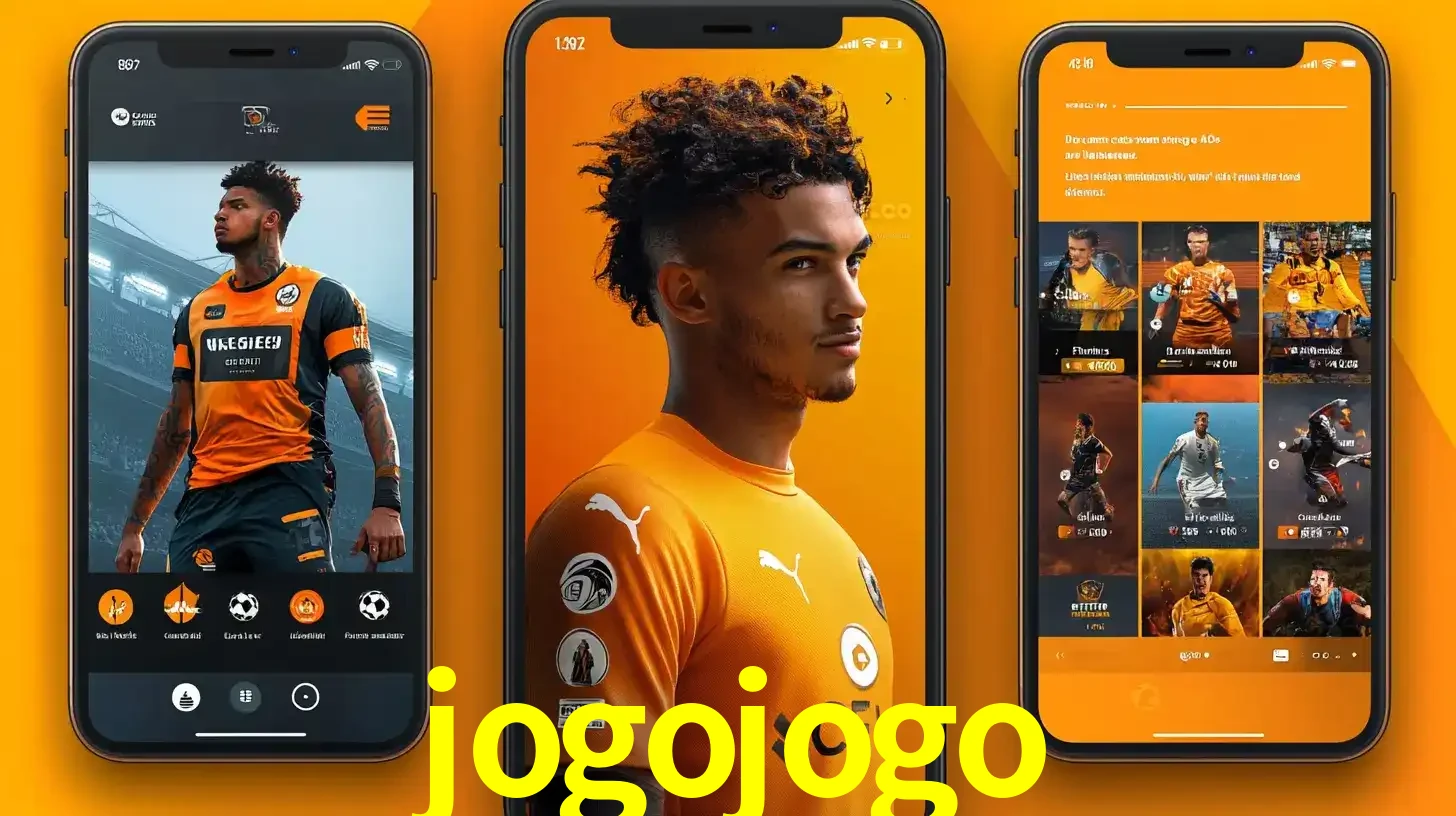 Interface do aplicativo de apostas esportivas jogojogo em três telas de celular, mostrando o perfil de um jogador de futebol e a lista de jogos disponíveis para apostar.