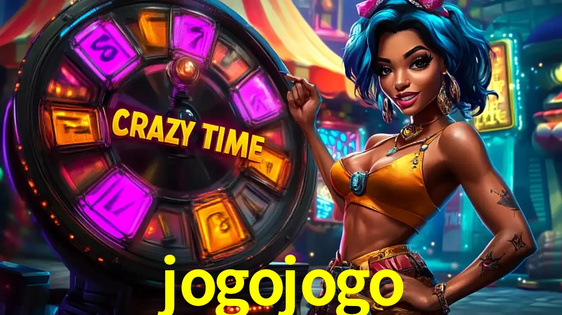 Mulher estilizada com cabelo azul e visual vibrante posando ao lado da roda de prêmios do game show Crazy Time, convidando para a diversão e os bônus do cassino jogojogo.