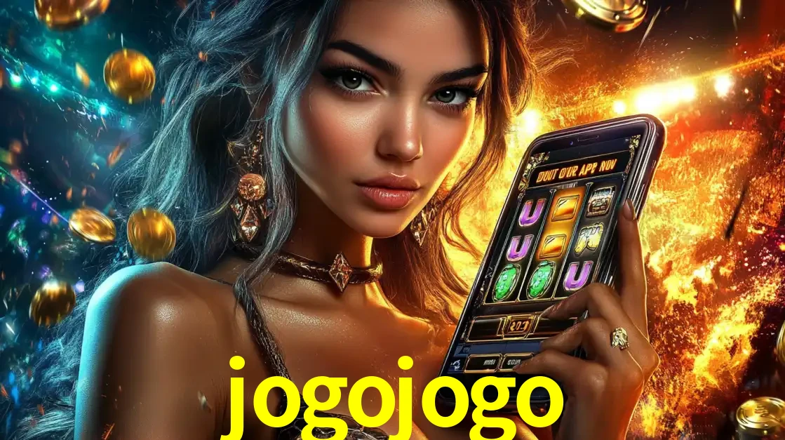Mulher elegante mostrando um jogo de caça-níqueis em seu smartphone, destacando a experiência de cassino móvel oferecida pelo aplicativo jogojogo.