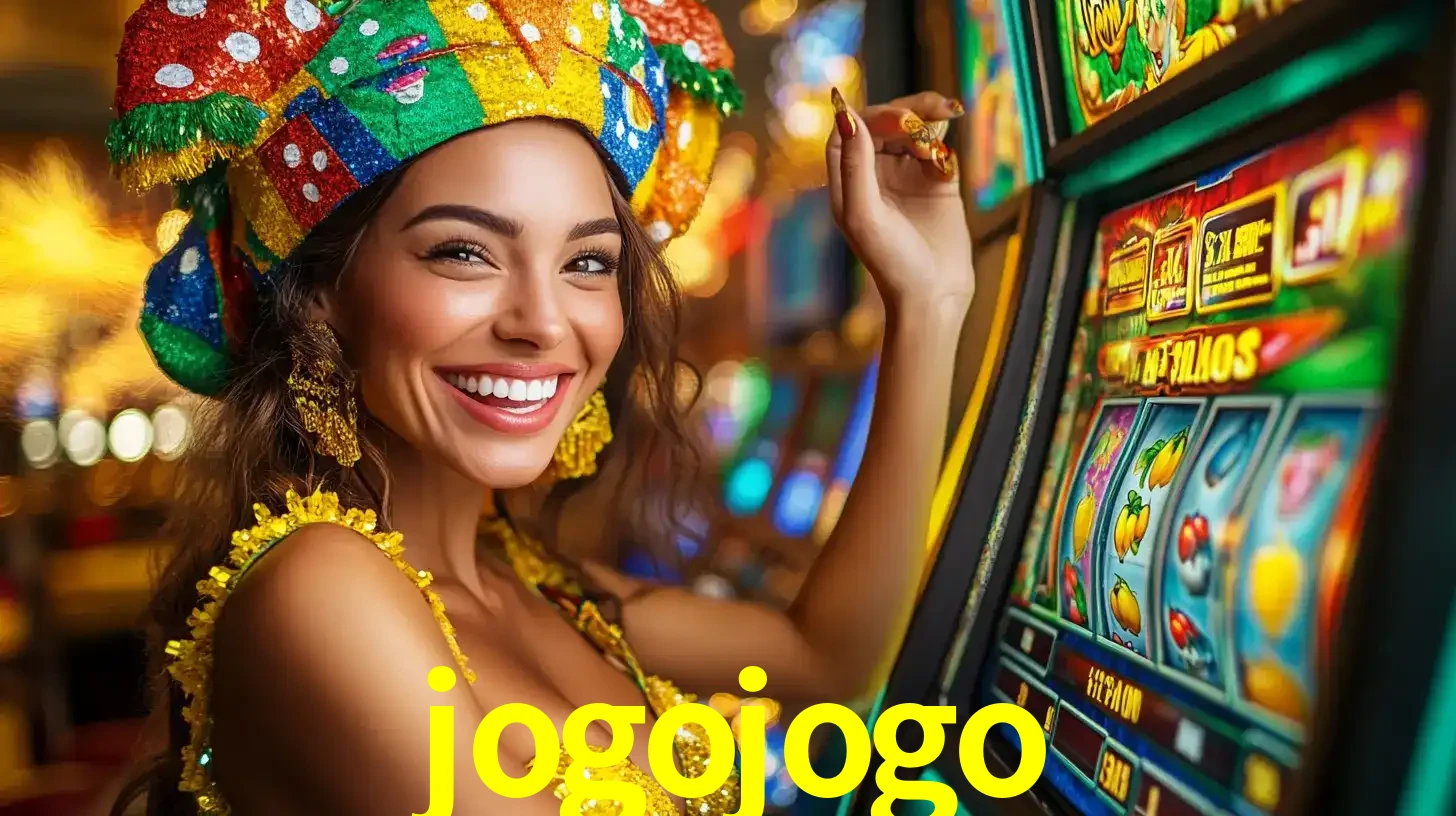 Mulher feliz com traje de carnaval amarelo e colorido ao lado de uma máquina de caça-níqueis, aproveitando a diversão e os jogos temáticos do cassino jogojogo.