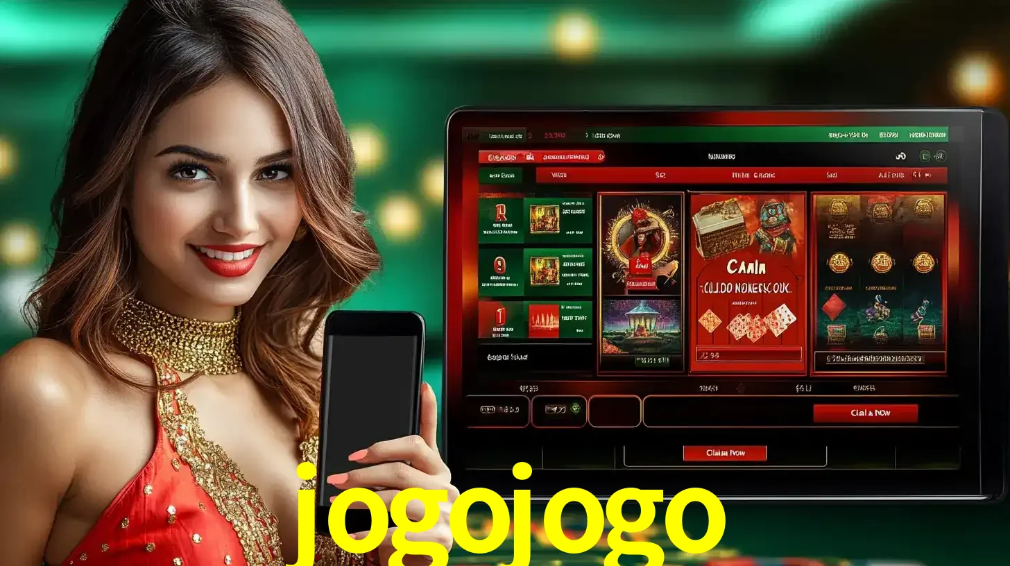 Mulher sorridente segurando um smartphone, ao lado de uma tela exibindo o lobby de jogos do cassino online jogojogo, com várias opções de jogos de cartas e slots.